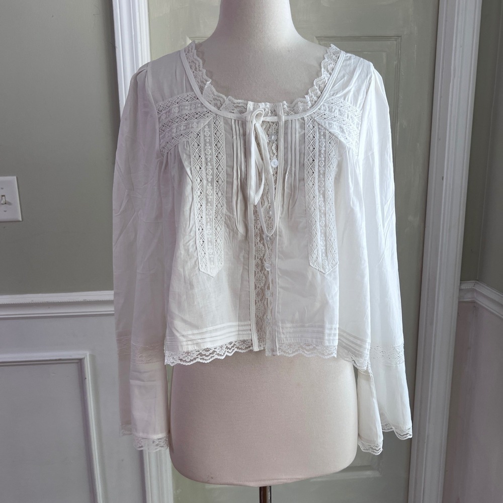 Lace Pintuck Blouse Large Women Cropped Tie Neck Long Sleeve White Cottagecore